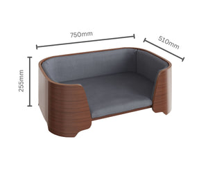 Modern walnut pet bed with soft gray cushioning, designed for comfort and style. Dimensions: 750mm (W) x 510mm (D) x 255mm (H), perfect for small to medium-sized pets. Pairs beautifully with the matching walnut lamp table for a cohesive look