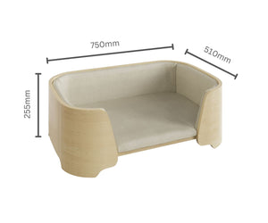 Modern oak pet bed with soft beige cushion. Dimensions: 750mm width, 510mm depth, and 255mm height. A stylish and durable design that complements Jual Furnishings' oak furniture collection