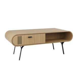 Jual Furnishings Milano Collection coffee table in oak finish with black metal legs. Features a sleek curved design, a sliding door, and open shelving for stylish storage. Perfect for modern and contemporary living spaces