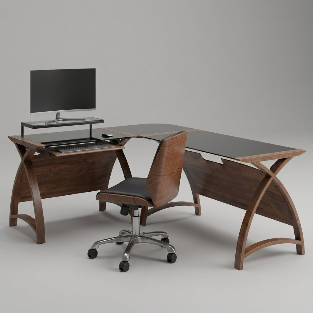 Helsinki Corner Desk Set Walnut, Including Office Chair - 900mm Desk & 1300mm Table & Office Chair