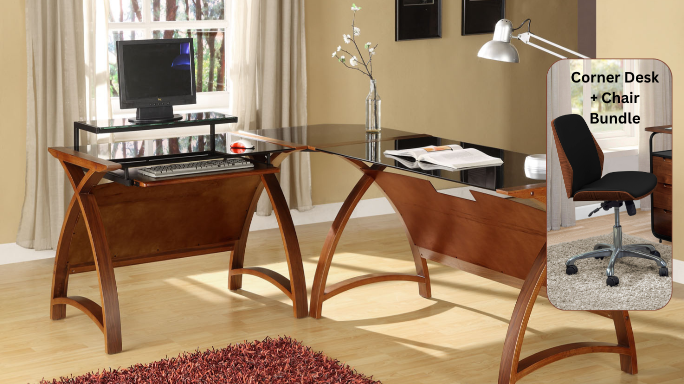 Helsinki Corner Desk Set Walnut, Including Office Chair - 900mm Desk & 1300mm Table & Office Chair