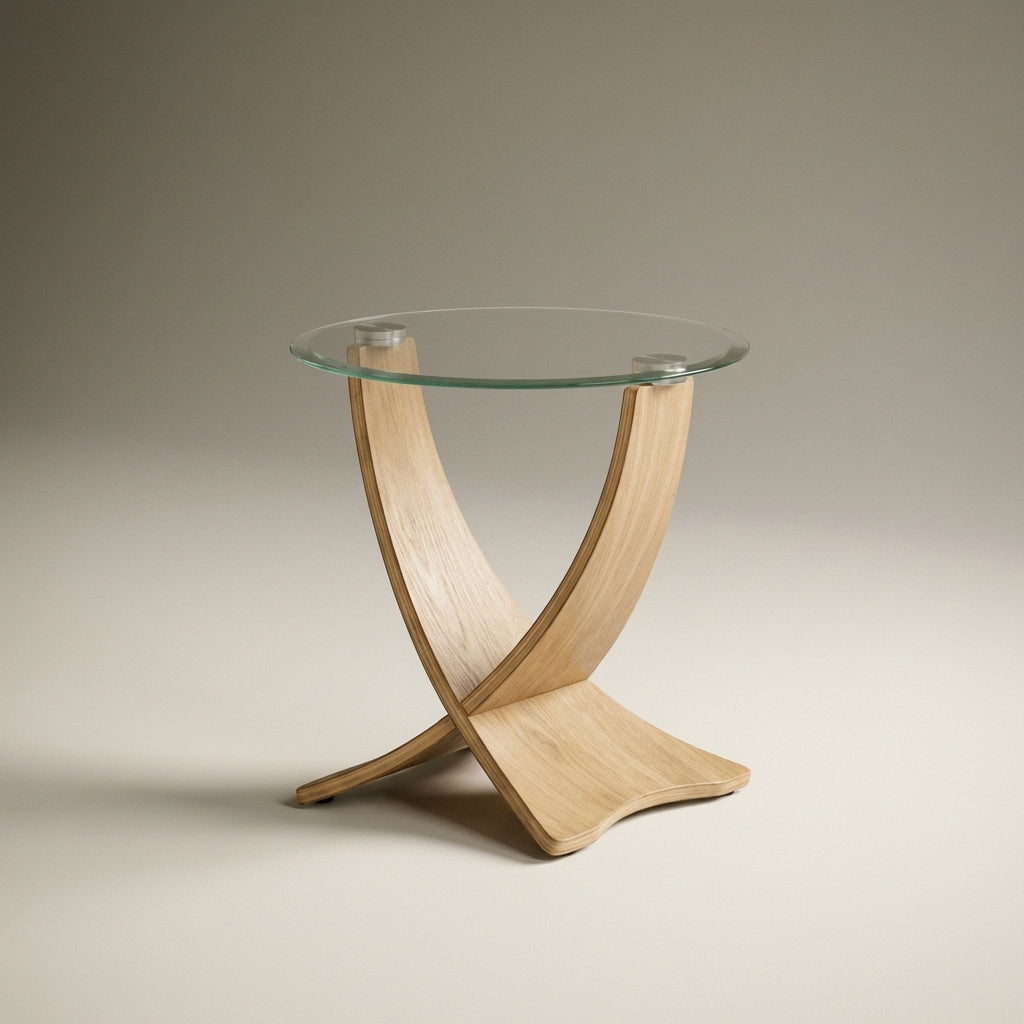 Modern Curved leg side table with glass top and wooden base on a neutral background