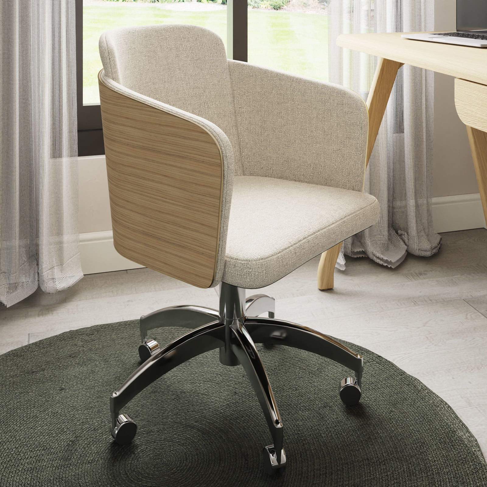Jual Furnishings Light Wood Oak Office Chair – Contemporary office chair featuring soft beige fabric, light wood side panels, and a sleek chrome base