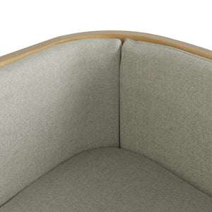 This close-up image highlights the fine craftsmanship of the oak pet bed, showcasing the smooth curved wooden frame and soft woven fabric cushion