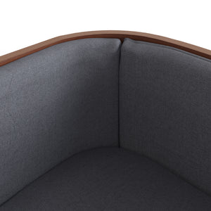 Close-up detail of the Jual Furnishings modern walnut pet bed, highlighting the smooth curved wood and soft gray fabric. Crafted from high-quality walnut veneer for a warm, rich finish. Complements the matching Jual Furnishings walnut lamp table for a stylish set