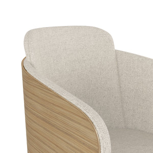 Detailed close-up of Jual Furnishings Light Oak Wood Office Chair, highlighting the textured beige fabric upholstery and smooth curved light wood paneling.