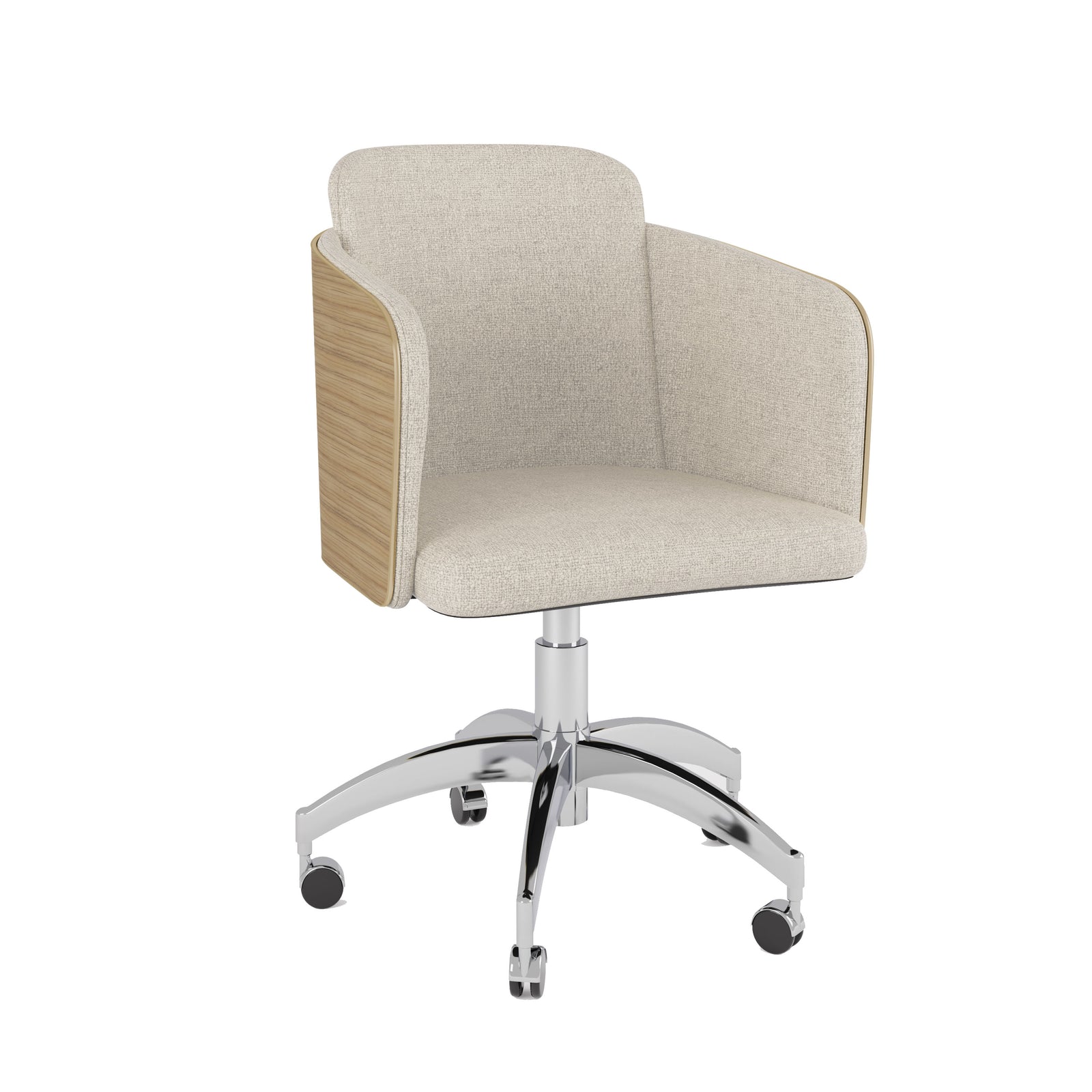 Jual Furnishings Light Wood Oak Office Chair – Contemporary office chair featuring soft beige fabric, light wood side panels, and a sleek chrome base