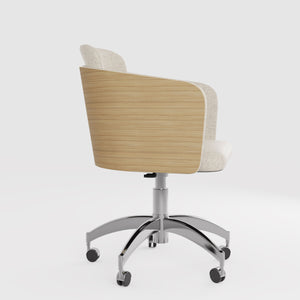 Jual Furnishings San Francisco Oak Fabric Office Chair, side view. Features a curved oak veneer backrest, beige fabric upholstery, and a chrome-finished swivel base with caster wheels