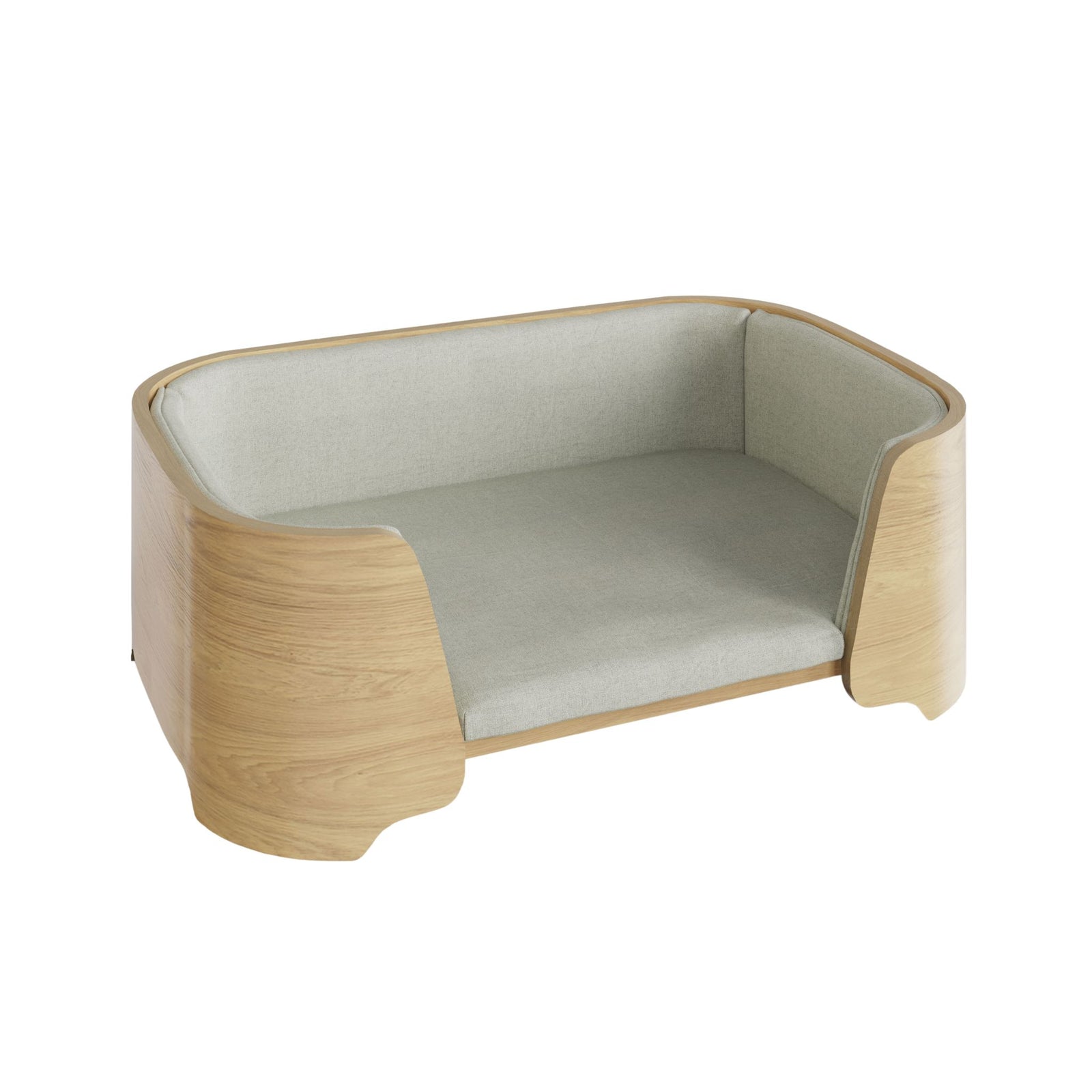 Jual Furnishings luxury oak pet bed with soft beige fabric cushion. Featuring a sleek curved oak veneer frame for a contemporary and elegant design. A perfect blend of comfort and style for your pet and home decor