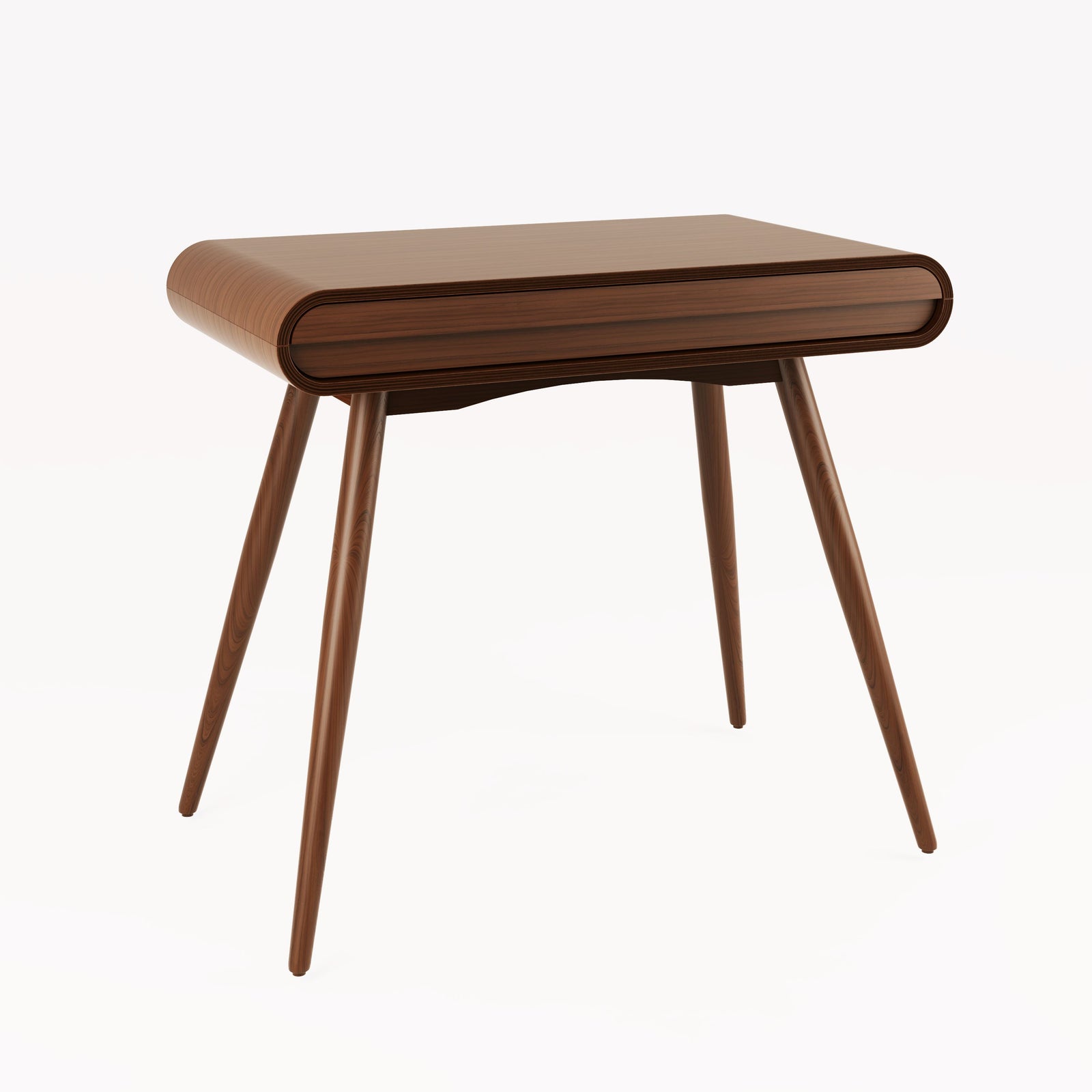 Jual Furnishings PC810 Walnut Desk, a sleek and modern desk with a curved-edge design. It features a smooth walnut finish, four tapered wooden legs, and a discreet front drawer for storage. Displayed against a white background for a clean and professional look