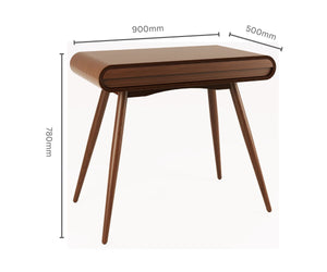 Dimensional line drawing of the Jual Furnishings PC810 Walnut Desk, showing its measurements: 900mm width, 500mm depth, and 780mm height. The image highlights the desk’s elegant curved design and tapered wooden legs with precise dimensions for reference.