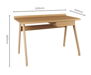 Technical line drawing of the Jual Furnishings PC811 Oak Desk with dimensions. The desk measures 1250mm in width, 630mm in depth, and 800mm in height, featuring a raised curved back panel and a built-in drawer.
