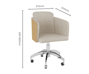 Technical drawing of the Jual Furnishings PC812 Oak Office Chair, showing dimensions: 570mm width, 570mm depth, and adjustable height from 820mm to 920mm. Features light wood paneling, beige fabric upholstery, and a chrome base with caster wheels