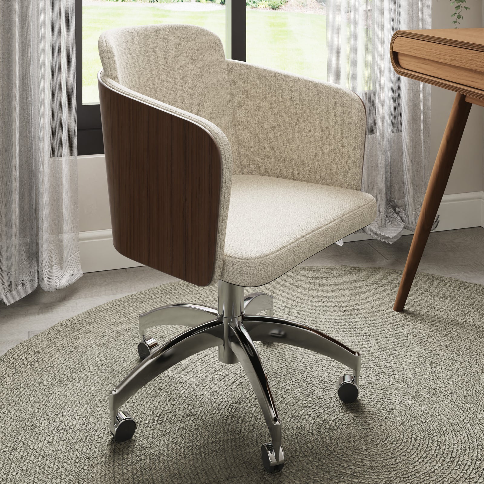 Jual Furnishings modern swivel office chair featuring a beige upholstered seat, curved walnut-finished wood backrest, and a chrome base with caster wheels, set against a clean white background
