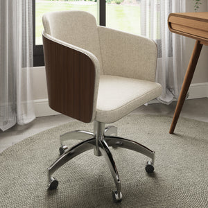 Jual Furnishings modern swivel office chair with beige upholstered seat, curved walnut-finished wood backrest, and chrome base with caster wheels, styled in a contemporary home office