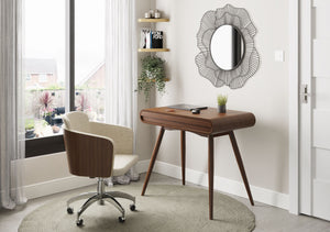 Jual Furnishings walnut office furniture set featuring a modern swivel chair with a beige upholstered seat, curved walnut-finished backrest, and chrome base, paired with a sleek walnut writing desk with rounded edges and tapered legs, styled in a contemporary home office with natural light