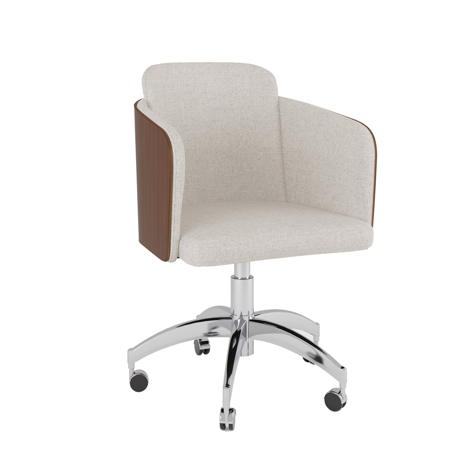 Jual Furnishings modern swivel office chair featuring a beige upholstered seat, curved walnut-finished wood backrest, and a chrome base with caster wheels, set against a clean white background