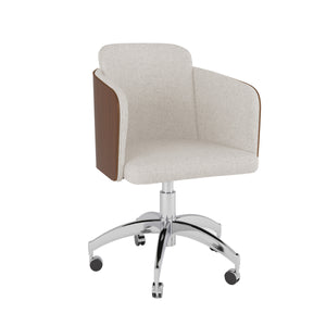Jual Furnishings modern swivel office chair featuring a beige upholstered seat, curved walnut-finished wood backrest, and a chrome base with caster wheels, set against a clean white background