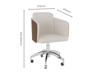 The Jual Furnishings PC812 Walnut Office Chair with a fabric-upholstered seat, walnut-finished side panels, and a chrome base with wheels. The dimensions are 570mm width, 570mm depth, and an adjustable height of 820-920mm. A stylish and ergonomic choice for home or office spaces.