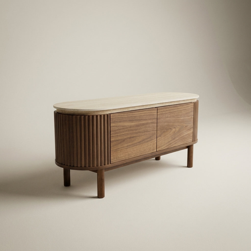 Fluted Walnut & Travertine Furniture Set – TV Stand, Console, Lamp Table