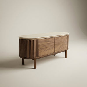 Fluted Walnut & Travertine Furniture Set – TV Stand, Console, Lamp Table