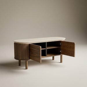 Fluted Walnut & Travertine Furniture Set – TV Stand, Console, Lamp Table