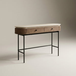 Fluted Walnut & Travertine Furniture Set – TV Stand, Console, Lamp Table