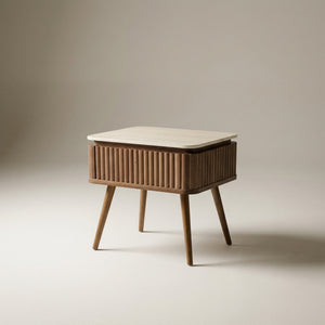 Fluted Walnut & Travertine Furniture Set – TV Stand, Console, Lamp Table