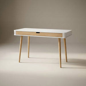 White Fluted Desk & Bookcase Set with Oak Drawer – Sample