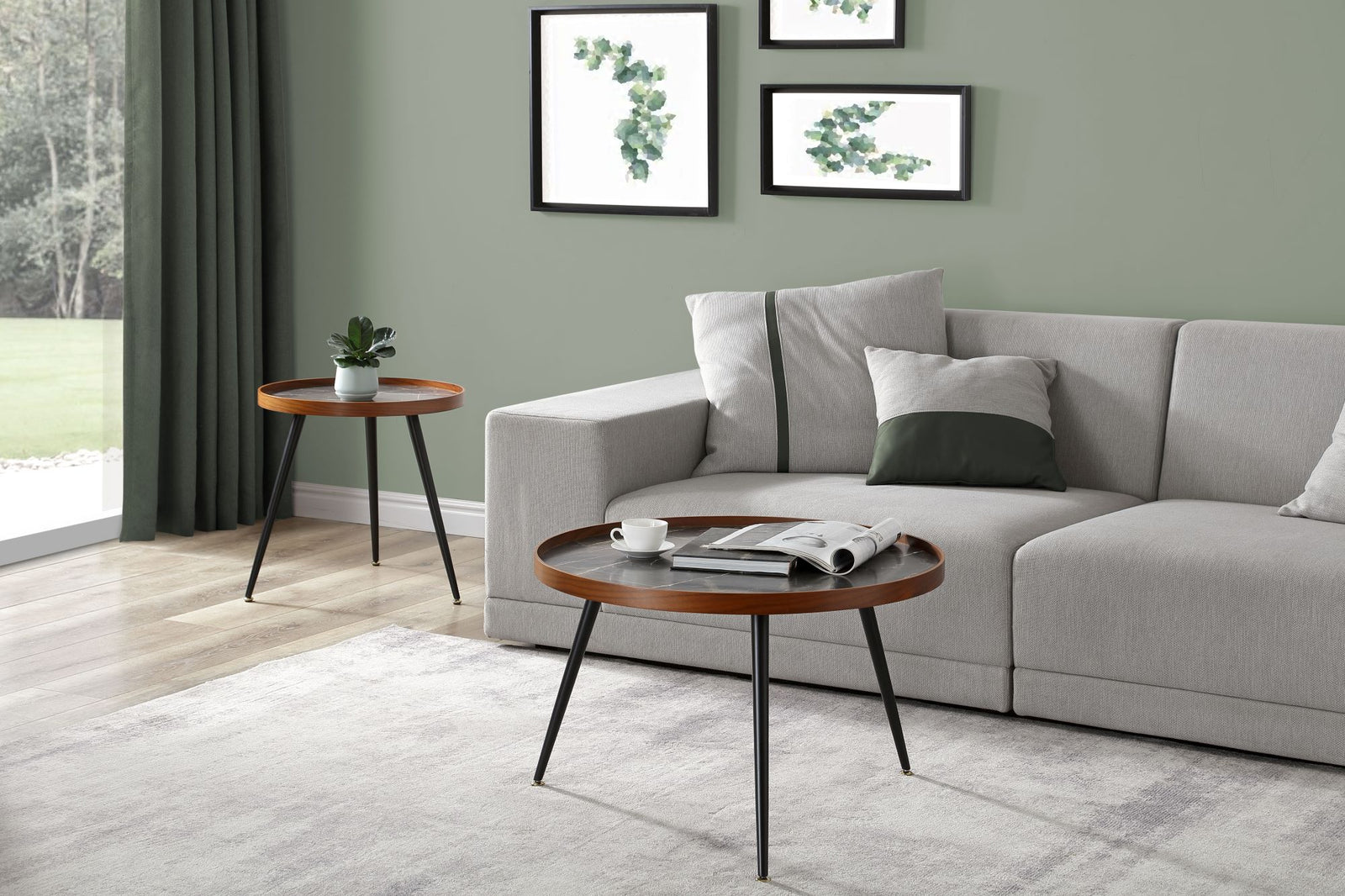 Siena Walnut & Black Coffee Table and Side Table Set featuring rich walnut veneer tops with black metal legs in a contemporary design, perfect for modern living spaces