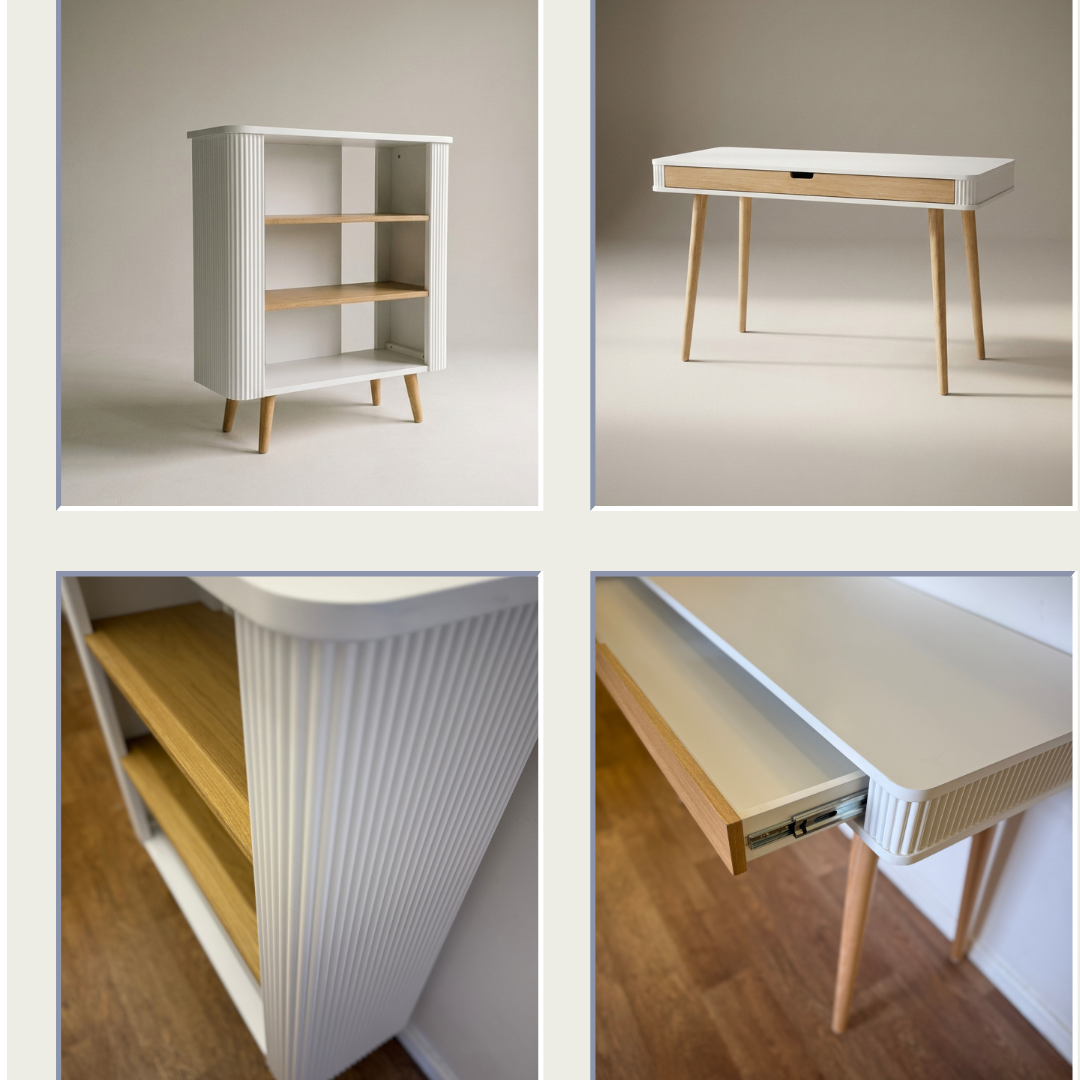 White Fluted Desk & Bookcase Set with Oak Drawer – Sample