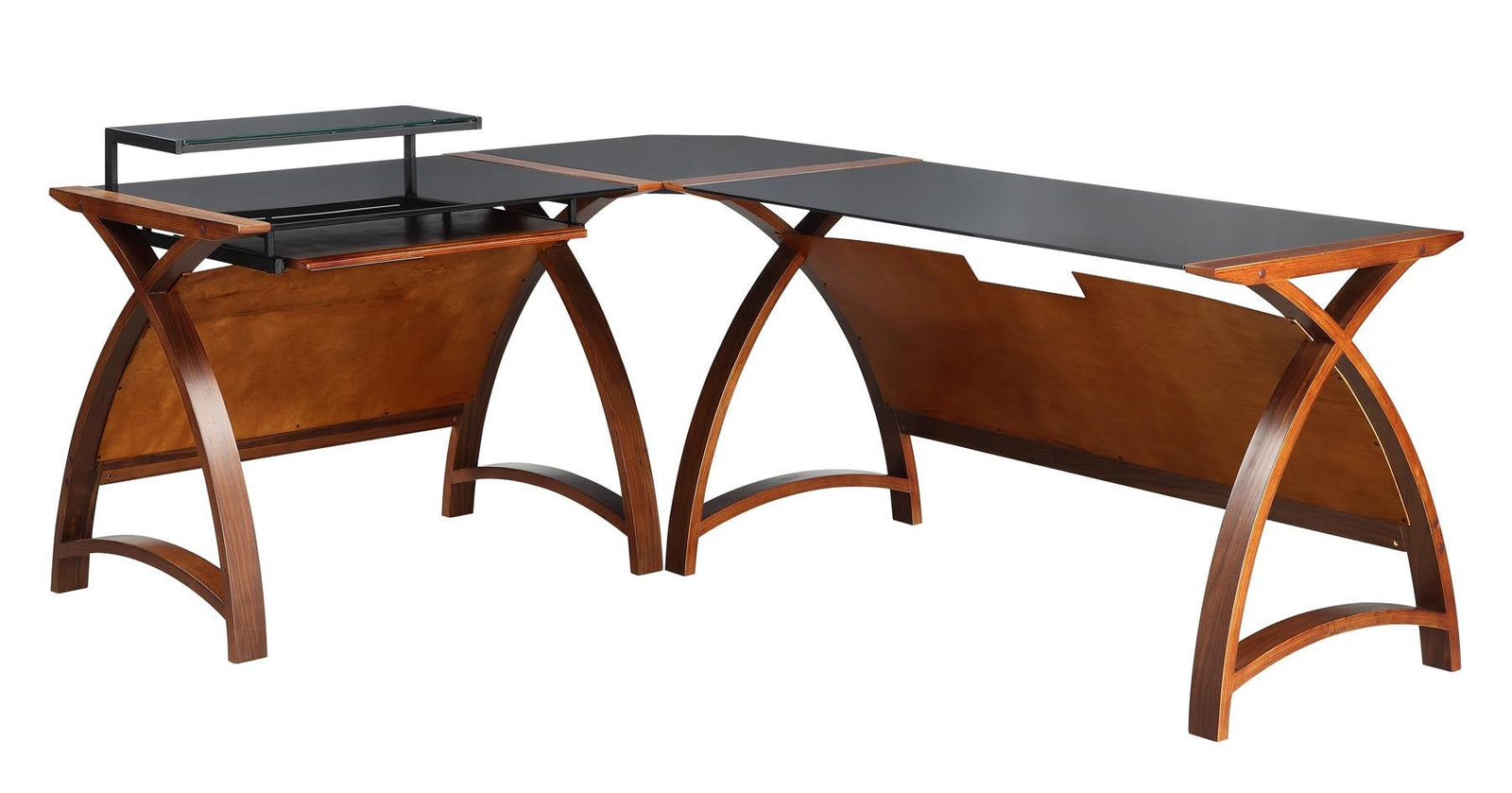 Elegant L-shaped office desk with curved wooden legs, black glass tabletop, and a raised glass monitor shelf, designed to fit perfectly in corners for a stylish and space-efficient workspace