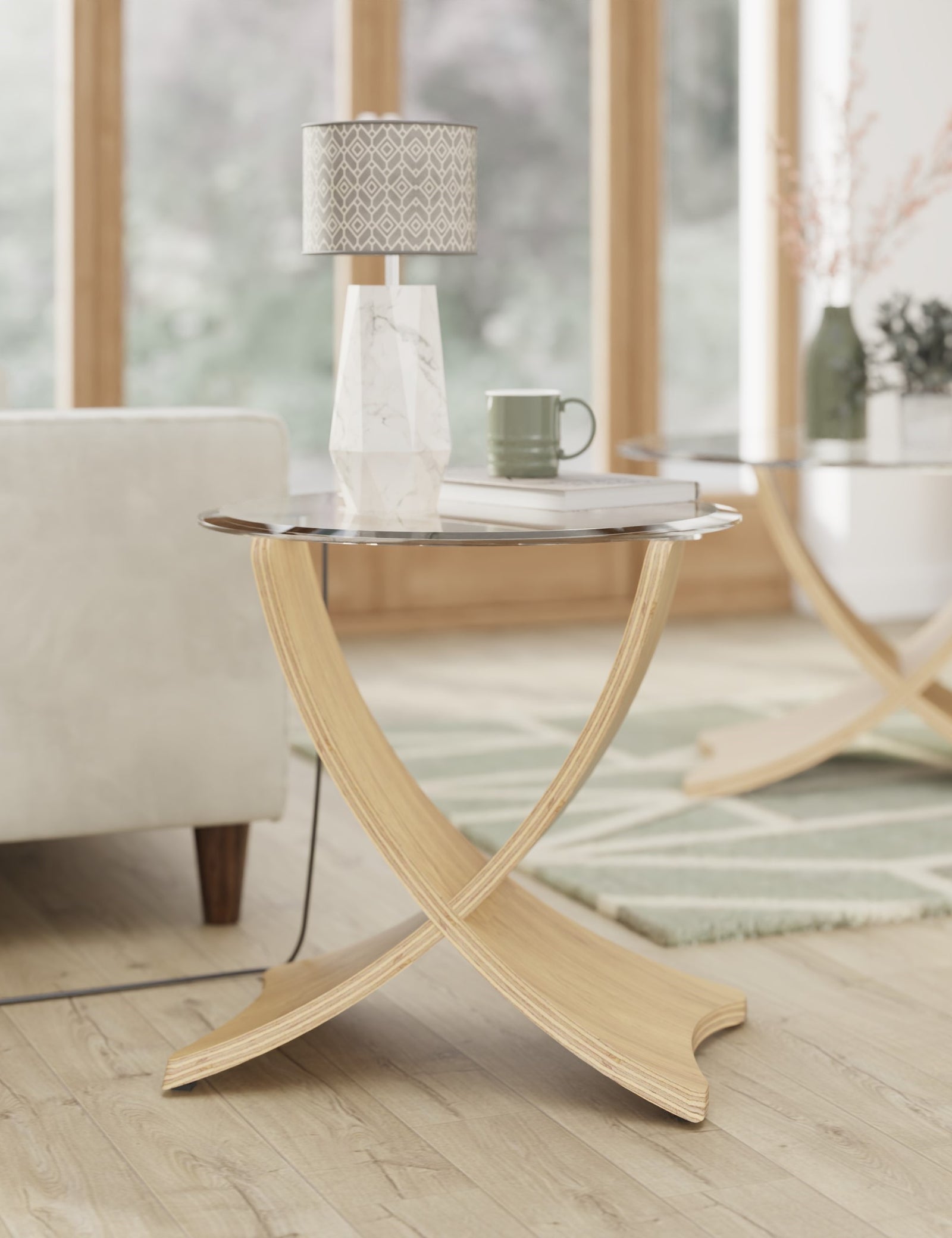 Modern Curved leg side table with glass top and wooden base on a neutral background